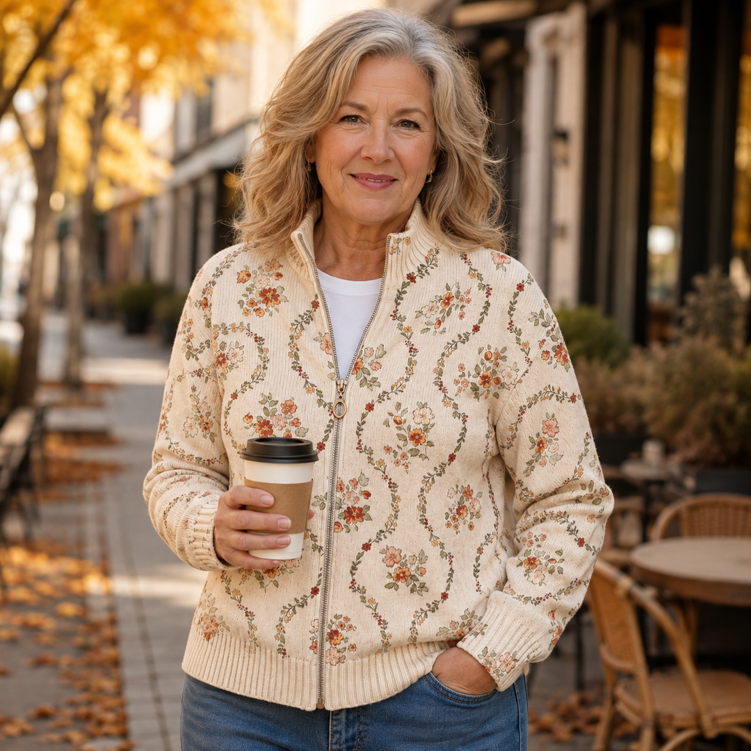 Heike gebreid vest met bloesemmotief en rits