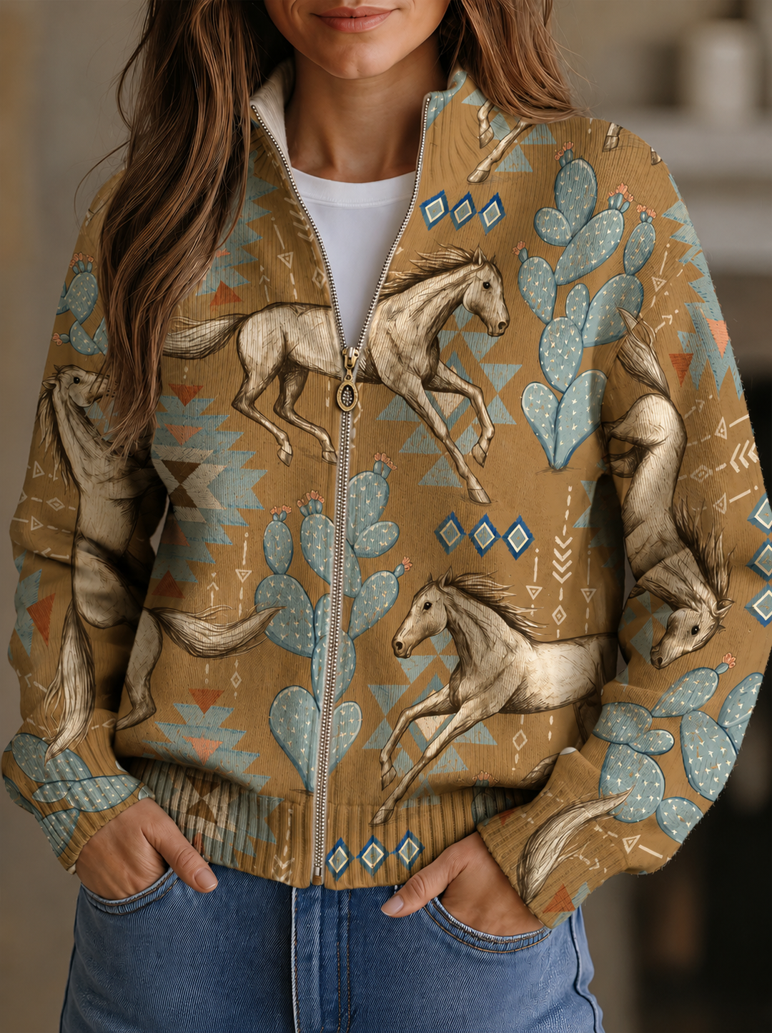 Andrea gebreid vest in western-stijl met paard- en cactusmotief en rits