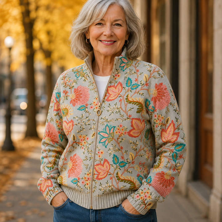 Karin gebreid vest met vintage bloemen en rits