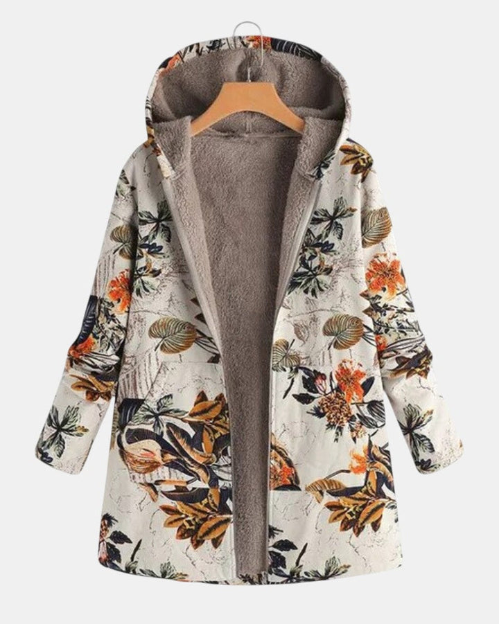Elena – Boho sherpa-jas met capuchon en bloemenpatroon