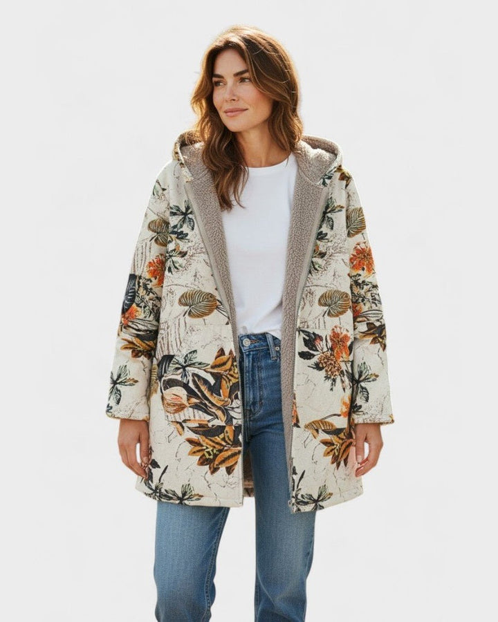 Elena – Boho sherpa-jas met capuchon en bloemenpatroon