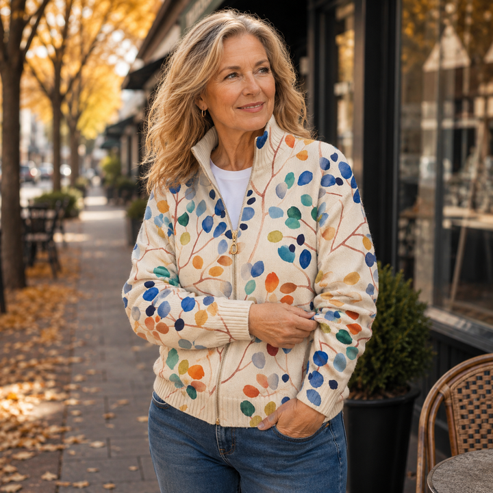 Petra gebreid vest met bladerenpatroon en rits