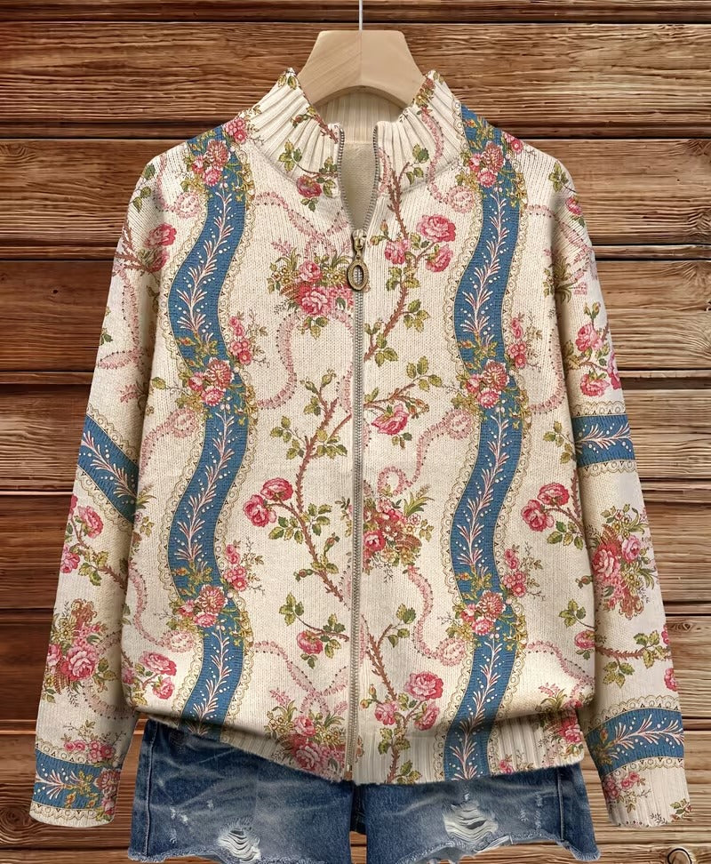 Roswitha gebreid vest met rozenpatroon en rits