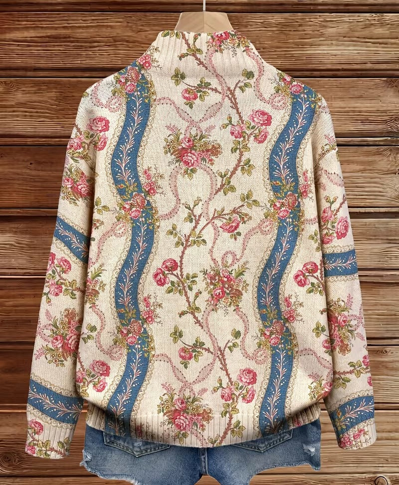 Roswitha gebreid vest met rozenpatroon en rits