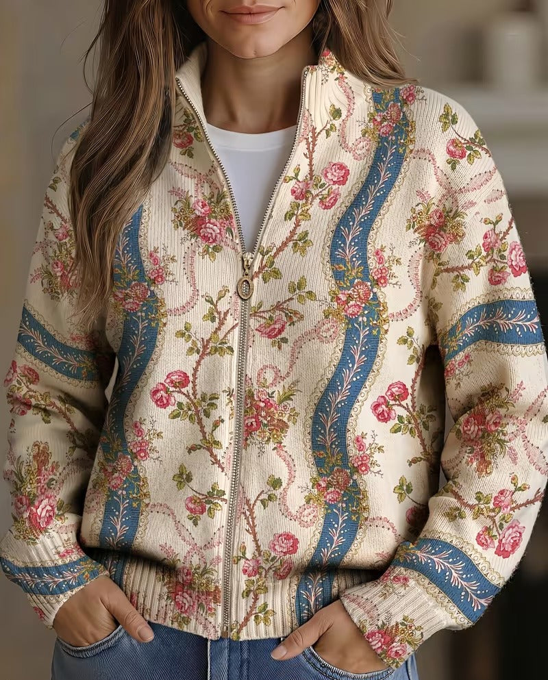 Roswitha gebreid vest met rozenpatroon en rits