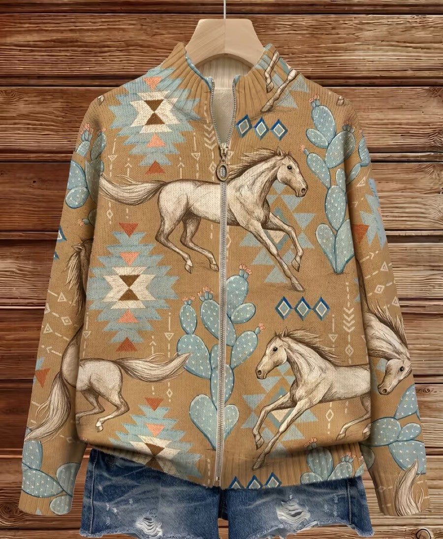 Andrea gebreid vest in western-stijl met paard- en cactusmotief en rits