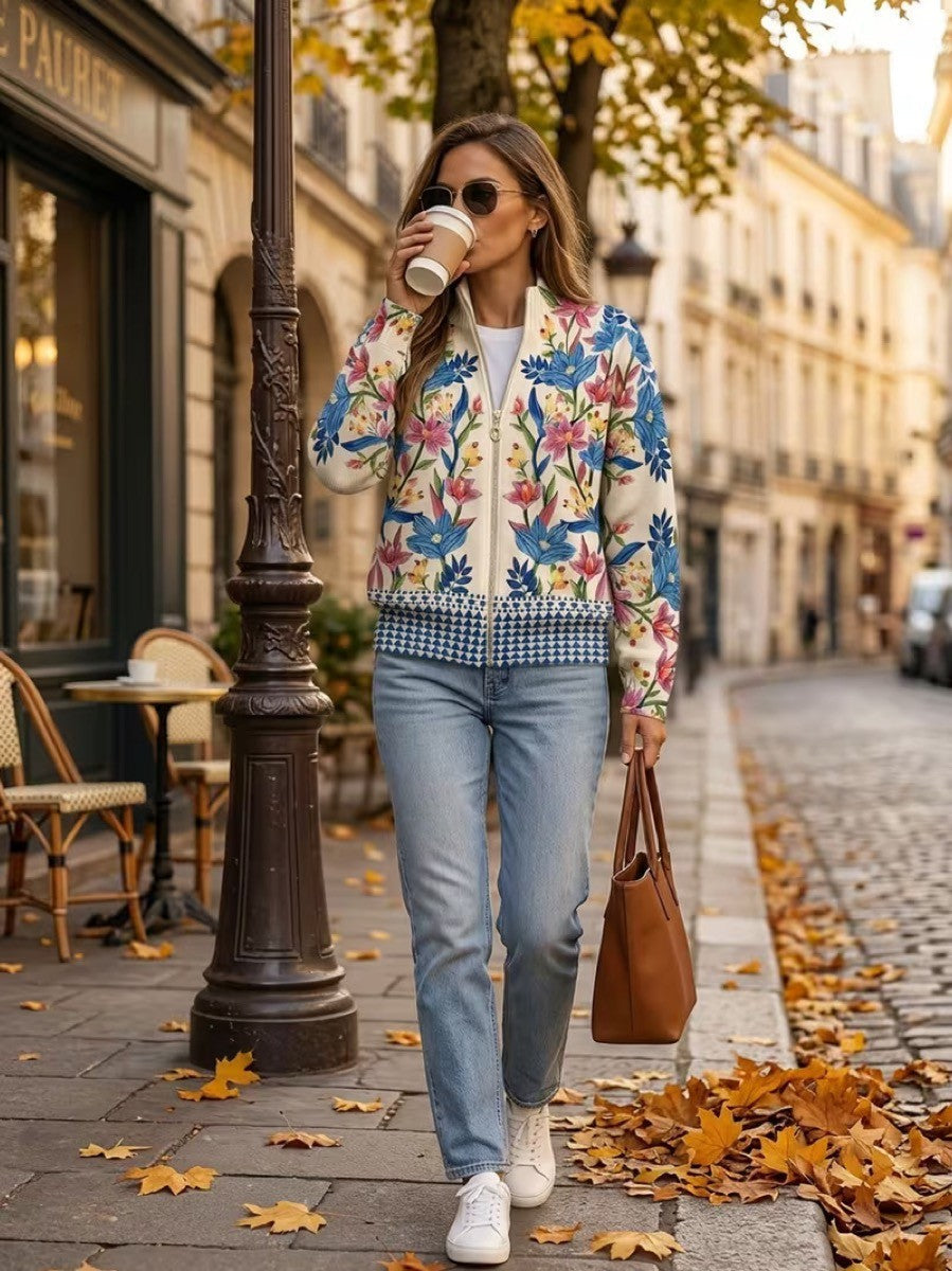 Claudia | Gebreide Jas met Bloemenprint en Rits