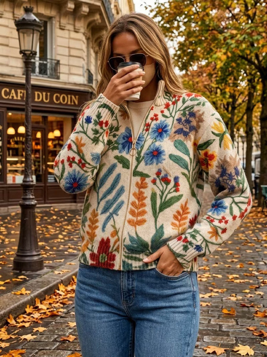 Claudia | Gebreide Jas met Bloemenprint en Rits