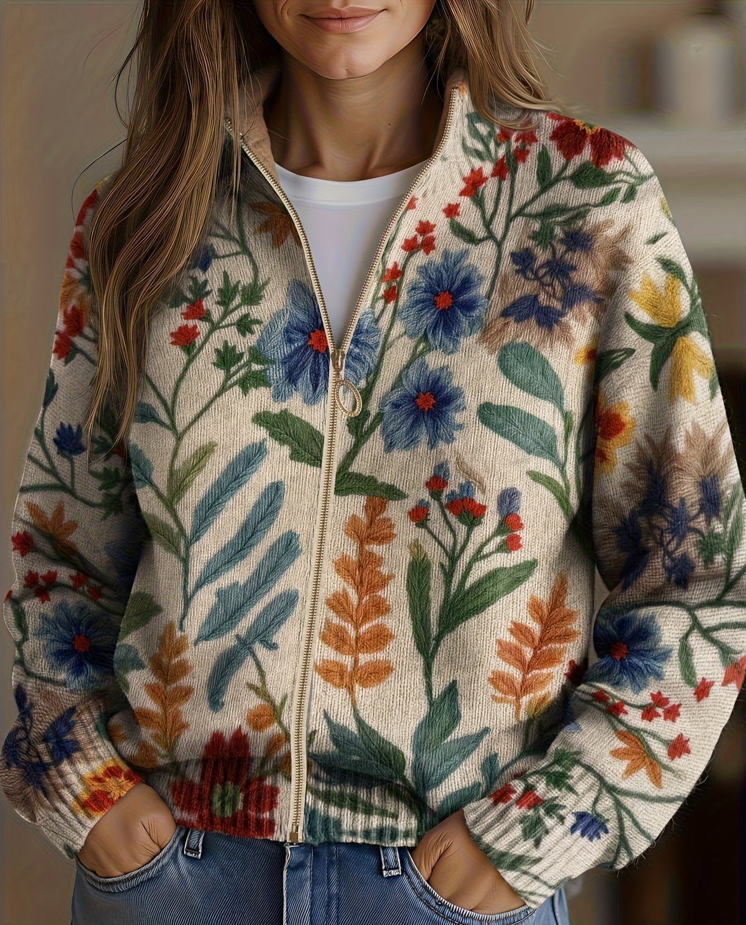 Claudia | Gebreide Jas met Bloemenprint en Rits
