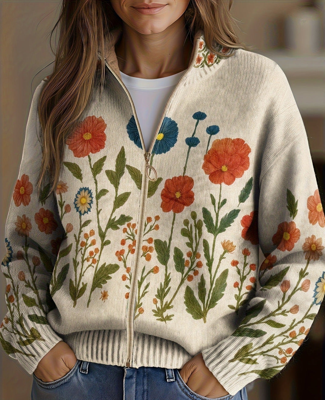 Gabriele gebreid vest met wilde bloemen en rits