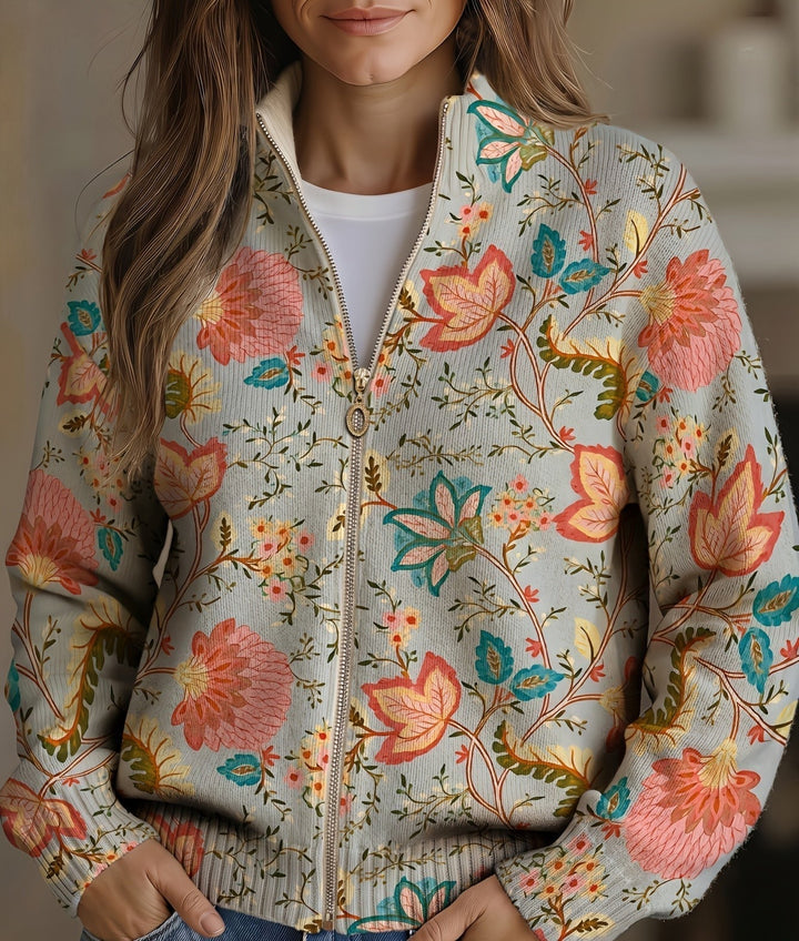 Karin gebreid vest met vintage bloemen en rits